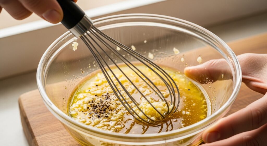 Whisking Mediterranean lemon and garlic salad dressing.