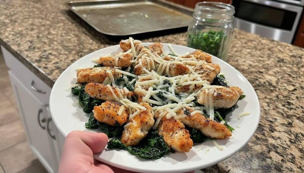 Close-up of healthy chicken spinach protein tenders with melted cheese in a skillet.