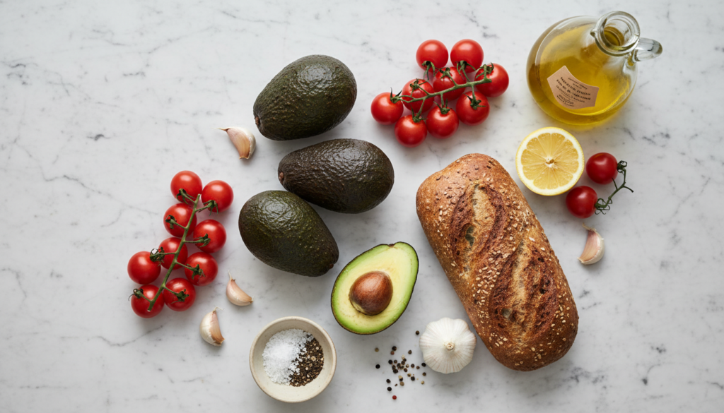 Ingredients for Mediterranean avocado bruschetta including fresh vegetables and olive oil.