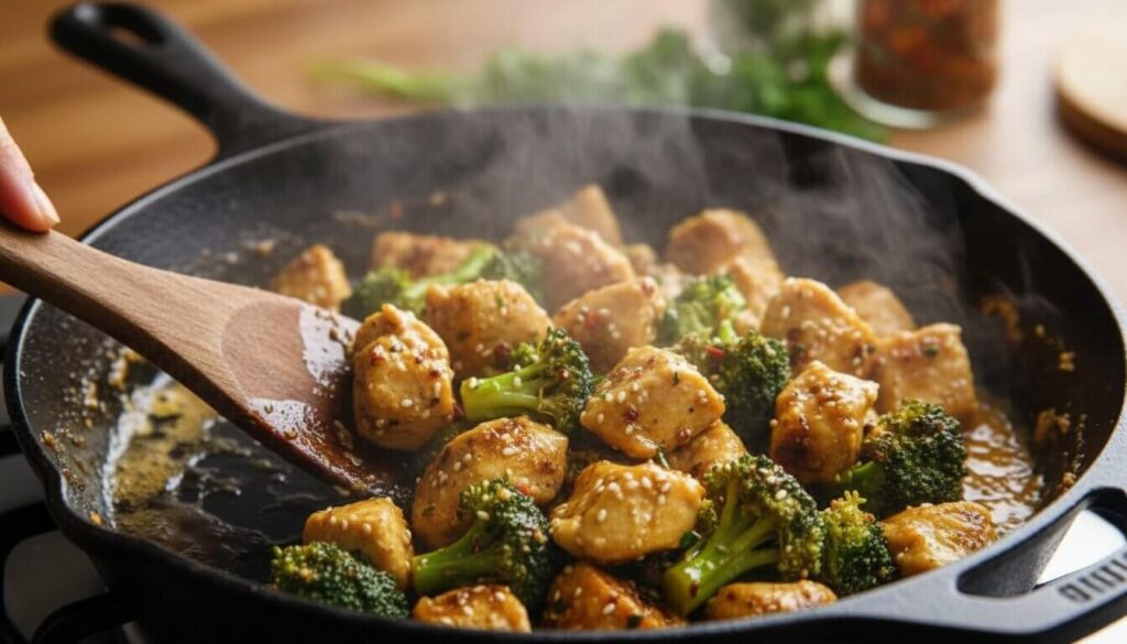 Chicken and broccoli stir fry cooking in a cast-iron skillet with bubbling honey garlic sauce.