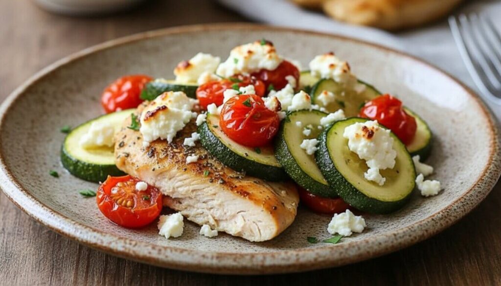 Close-up of roasted chicken and zucchini with melted feta.
