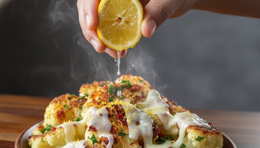 Squeezing fresh lemon over crispy roasted cauliflower with parmesan.