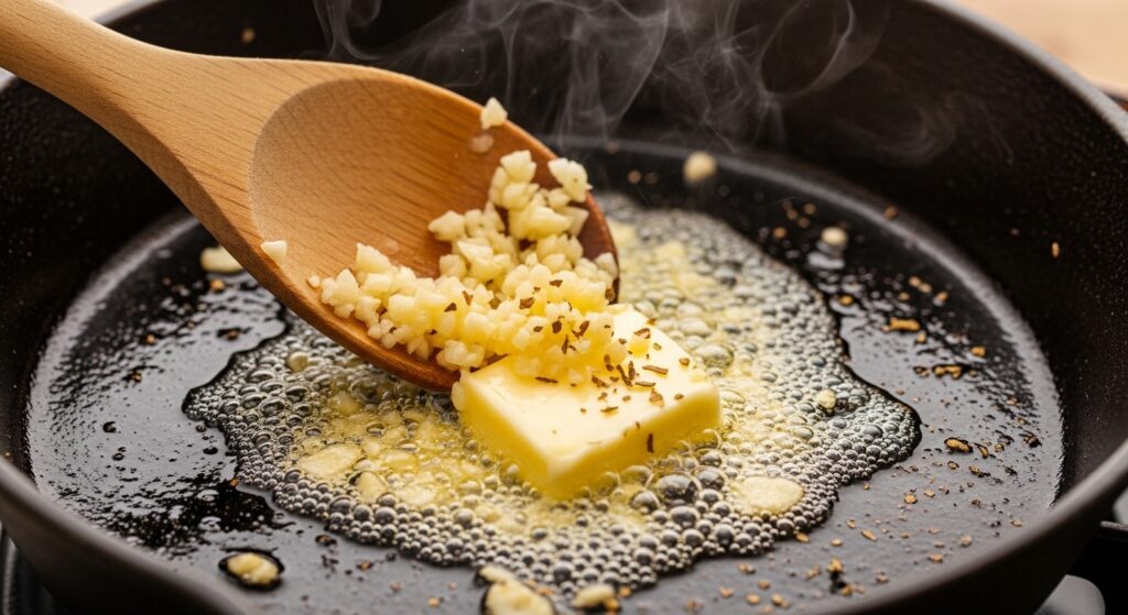 Minced garlic sautéing in melted butter and olive oil.