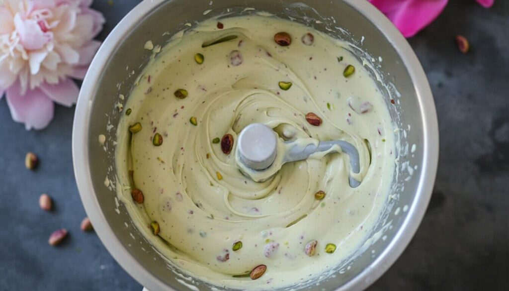 Churning homemade rose pistachio cheesecake ice cream in a machine.