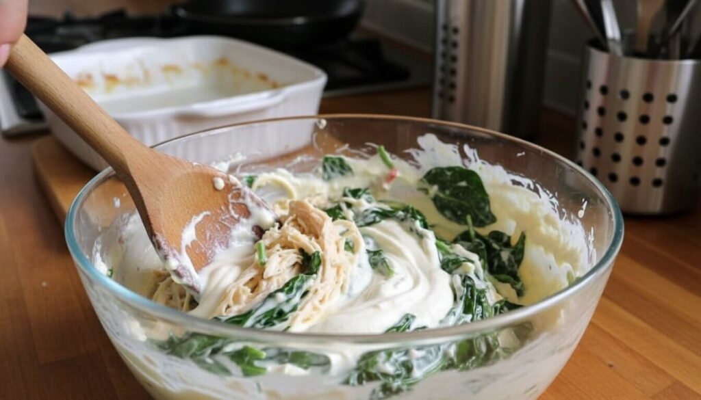 Mixing chicken and spinach into a creamy Mediterranean sauce.