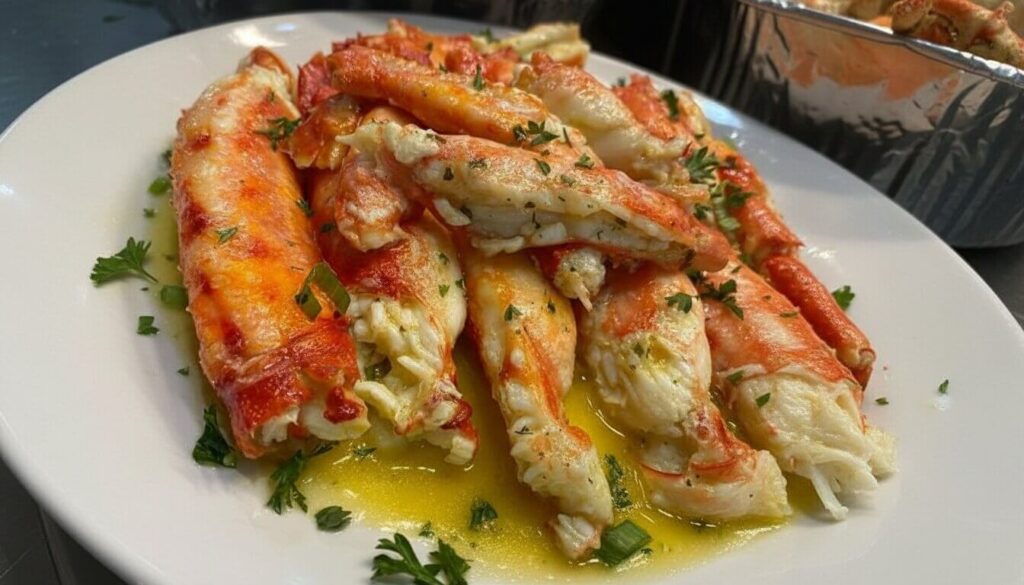 Mediterranean Garlic Butter King Crab Legs on a white platter.