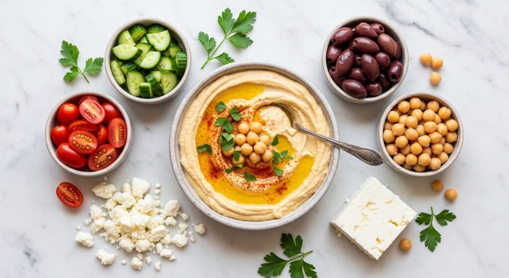 Ingredients for a healthy hummus platter laid out in prep bowls on a marble countertop.