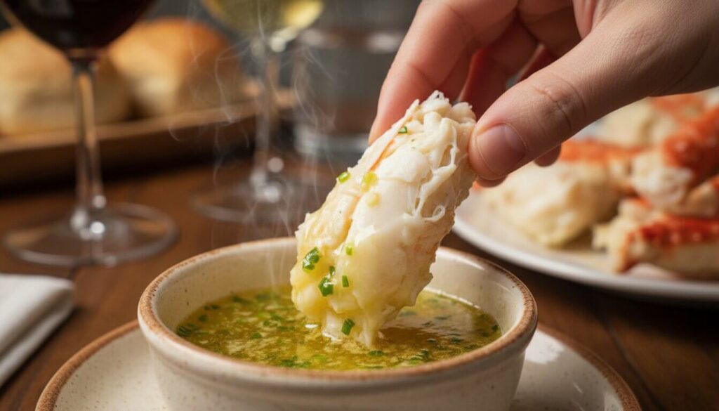 Dipping King Crab meat into Mediterranean garlic butter sauce.