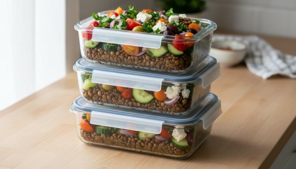 Mediterranean lentil salad meal prep in glass storage containers.
