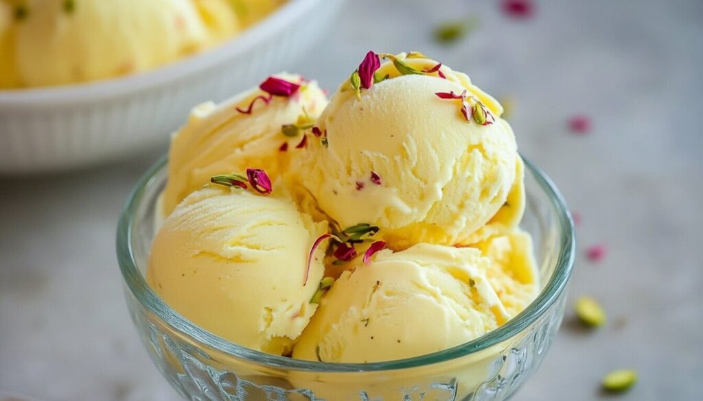 Authentic Persian Saffron Ice Cream with pistachios and rose petals.