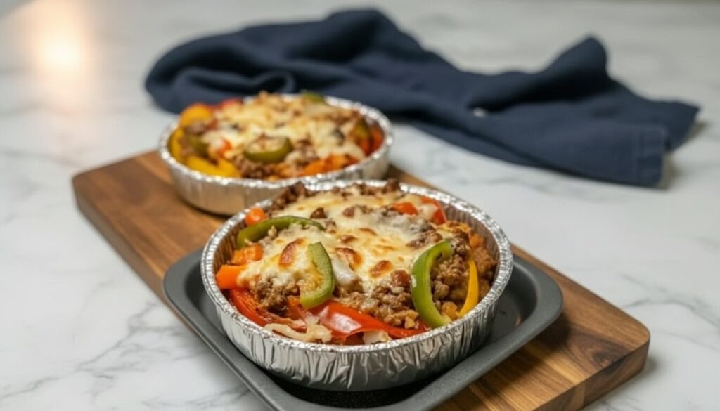 Low carb crustless pizza bowl with melted cheese, pepperoni, and fresh basil in a ceramic bowl.