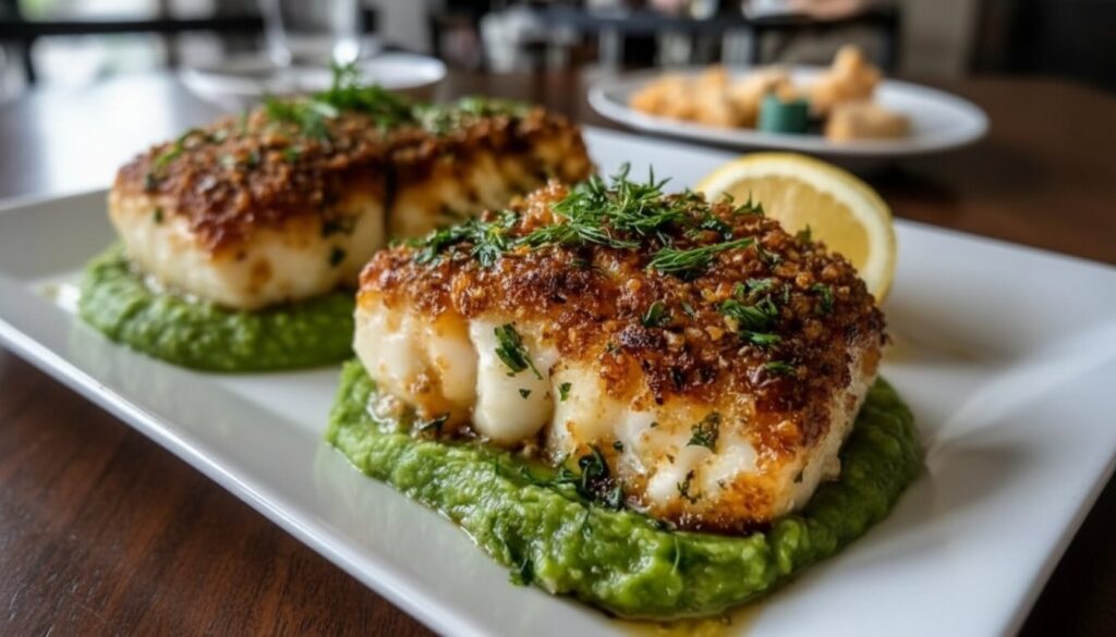 Close up of Sheet Pan Baked Cod with Lemon–Parmesan Crust on a bed of green pea purée.