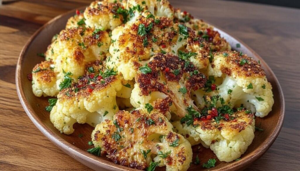 Crispy garlic parmesan roasted cauliflower with parsley and lemon garnish.