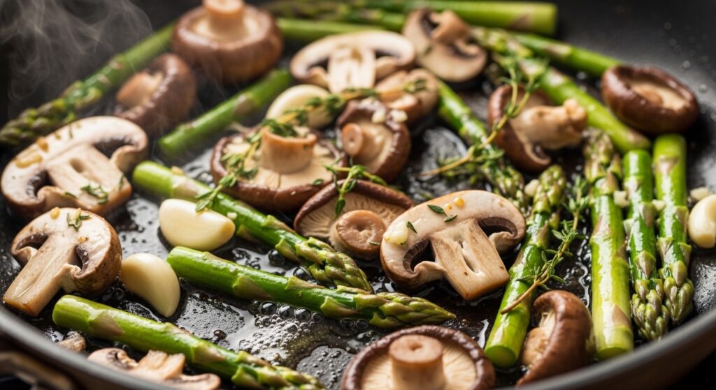 Sautéing vegetables for mushroom and asparagus pasta.