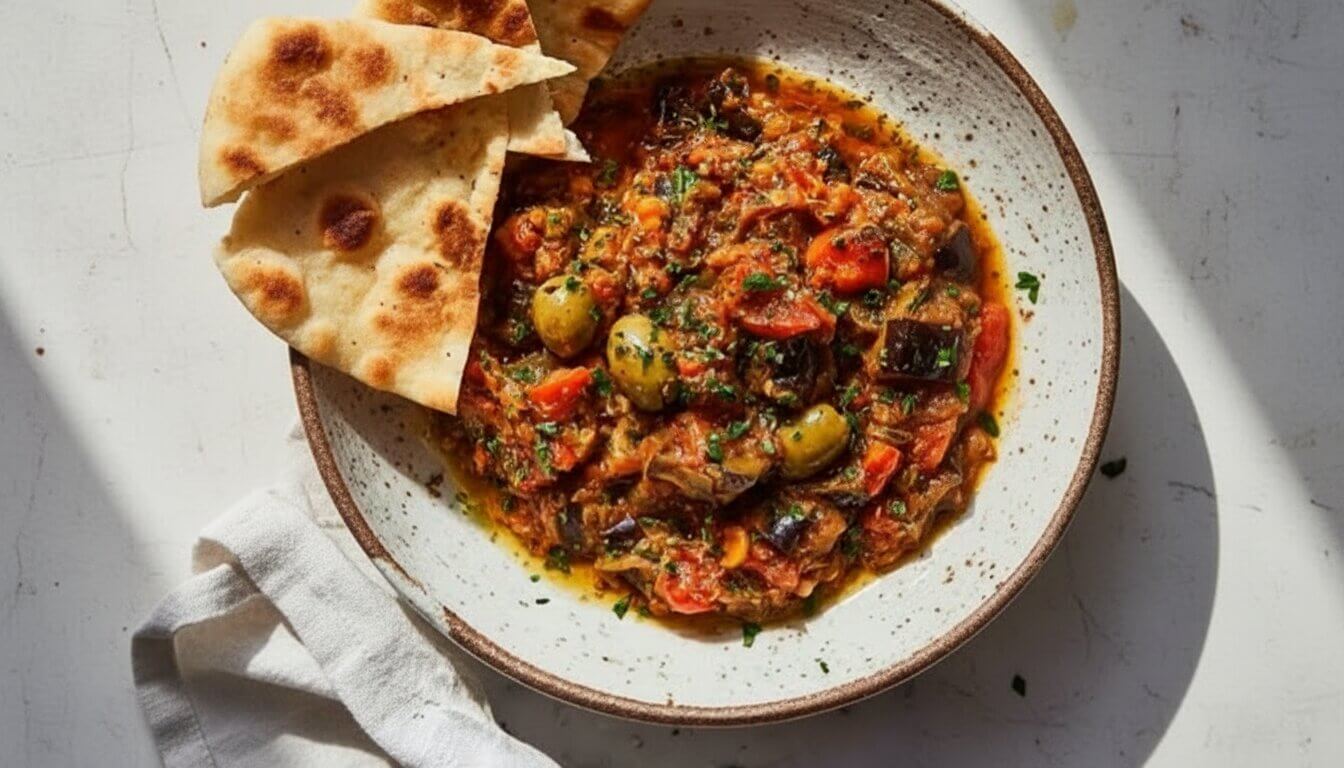 authentic sicilian caponata in a ceramic bowl with pita