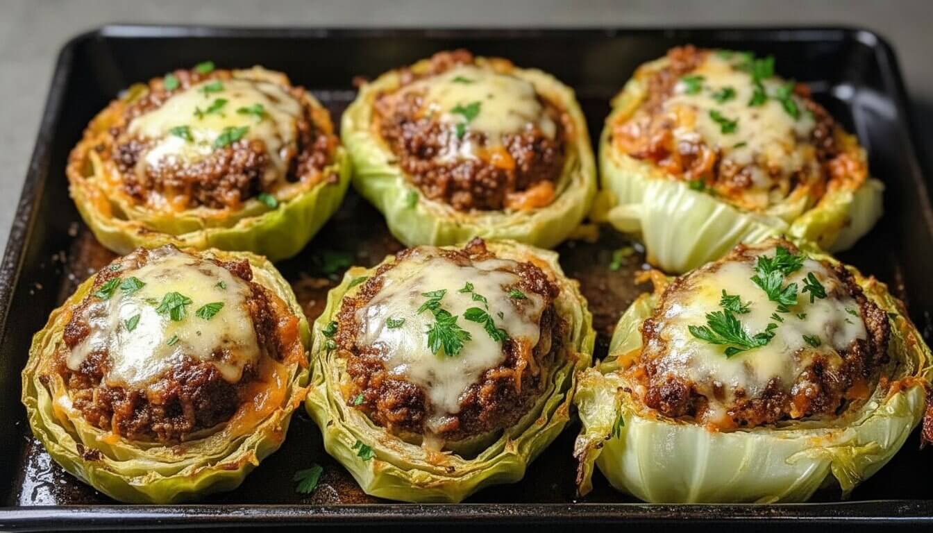 Top-down view of roasted Mediterranean cabbage burgers with melted cheese and fresh herbs.