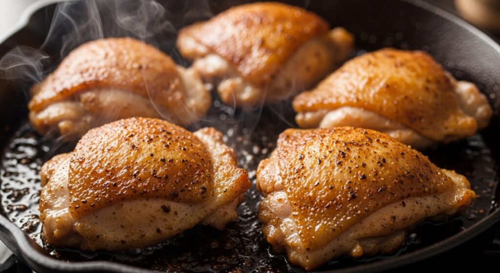 Searing marinated shawarma chicken in a pot.