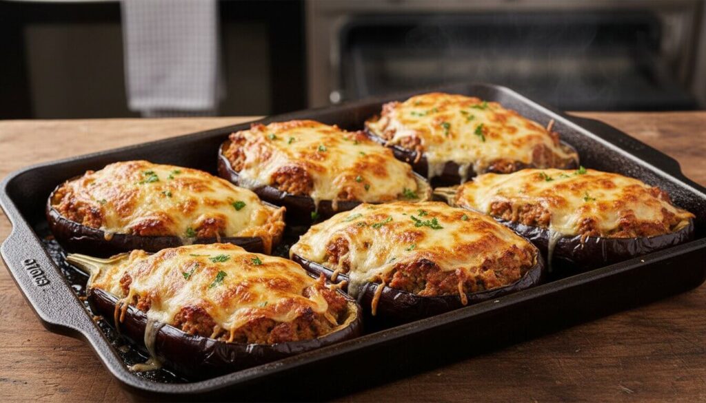 Baked stuffed eggplant Italian style with a crispy golden cheese crust.