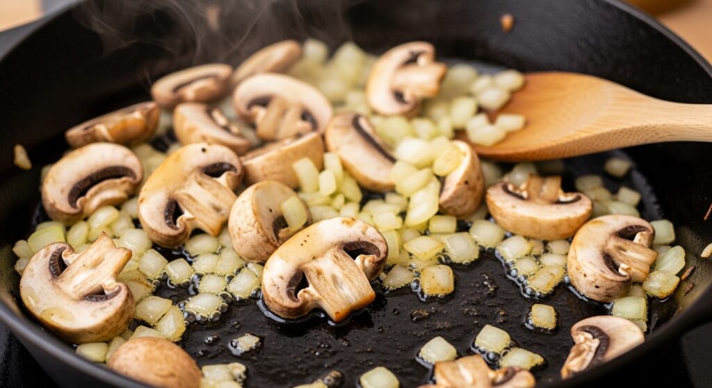 Sautéing mushrooms and onions for chicken tetrazzini.