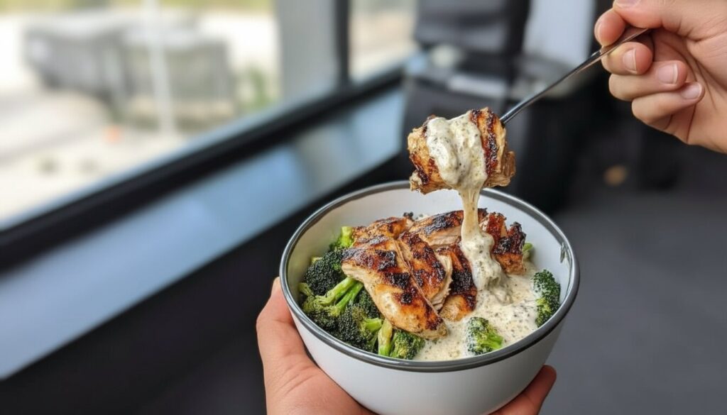 Grilled Chicken & Broccoli Bowl with Creamy Garlic Sauce
