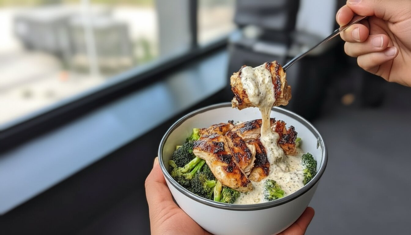 Grilled Chicken & Broccoli Bowl with Creamy Garlic Sauce
