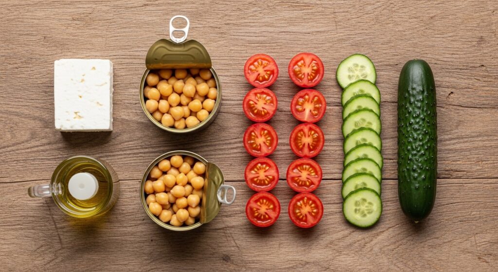 A flat-lay "knolling" style photo of chickpeas, halved cherry tomatoes, sliced cucumbers, feta block, and a small bottle of olive oil on a rustic wooden surface.
