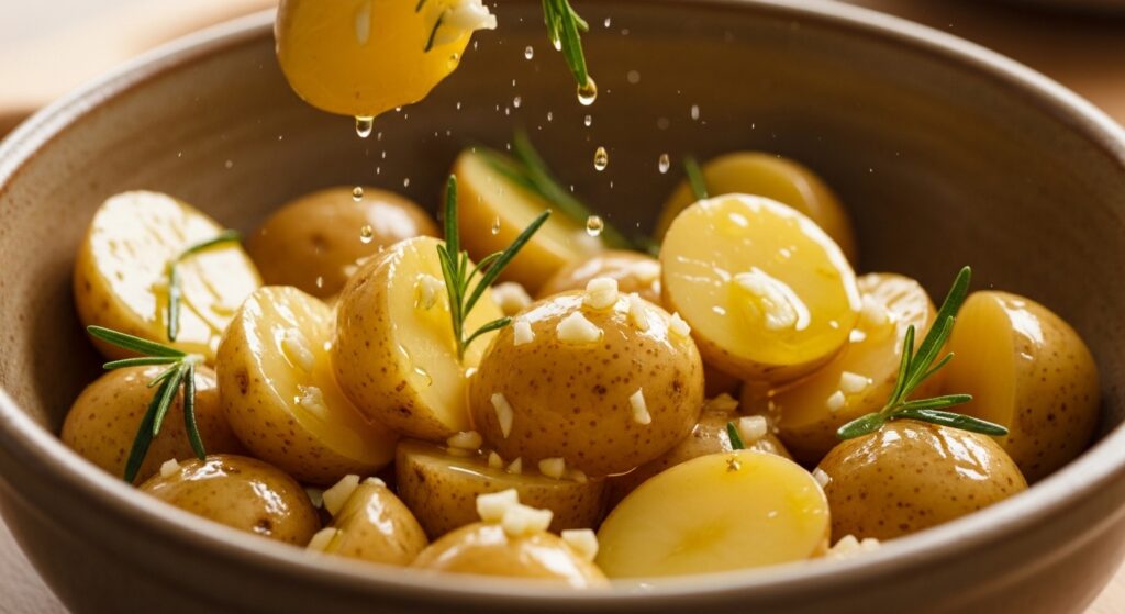 Halved baby potatoes being seasoned with garlic, herbs, and olive oil in a bowl.