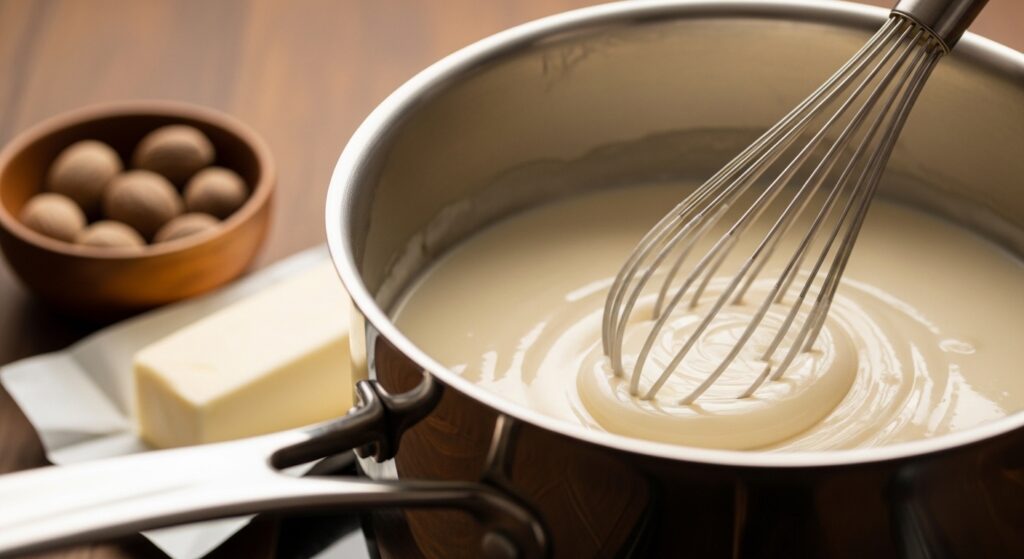 Whisking a smooth white béchamel sauce for seafood lasagna.