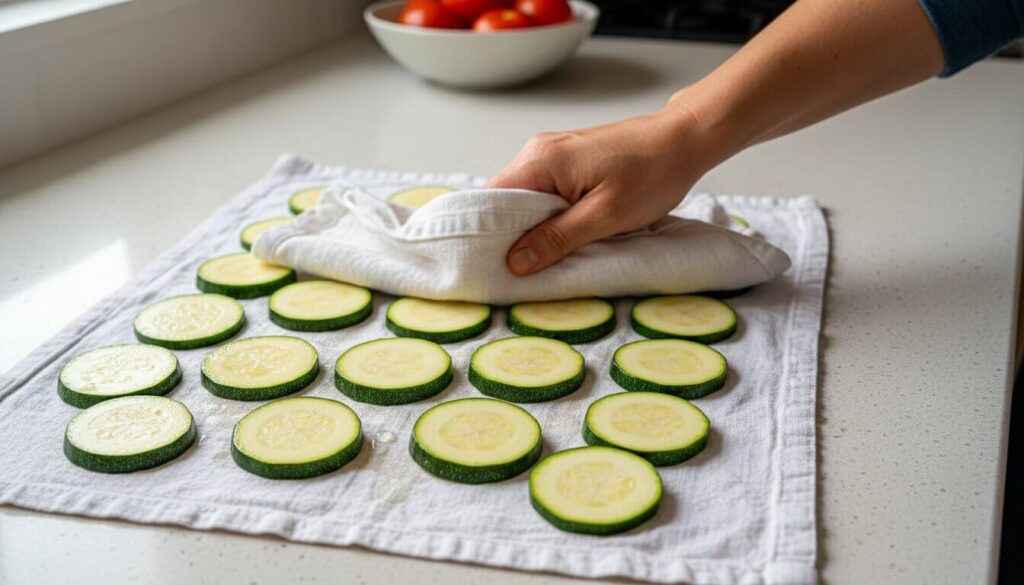 Removing moisture from sliced zucchini rounds using a kitchen towel.