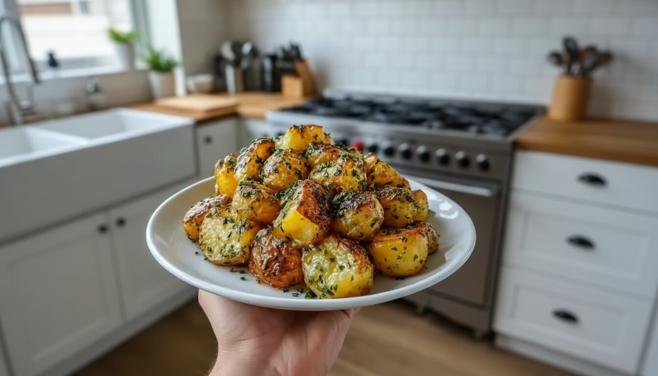 Top-down view of crispy garlic herb roasted potatoes on a baking sheet with parsley.