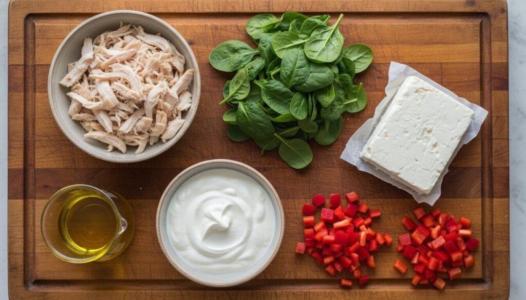 Fresh ingredients for Mediterranean chicken spinach casserole.