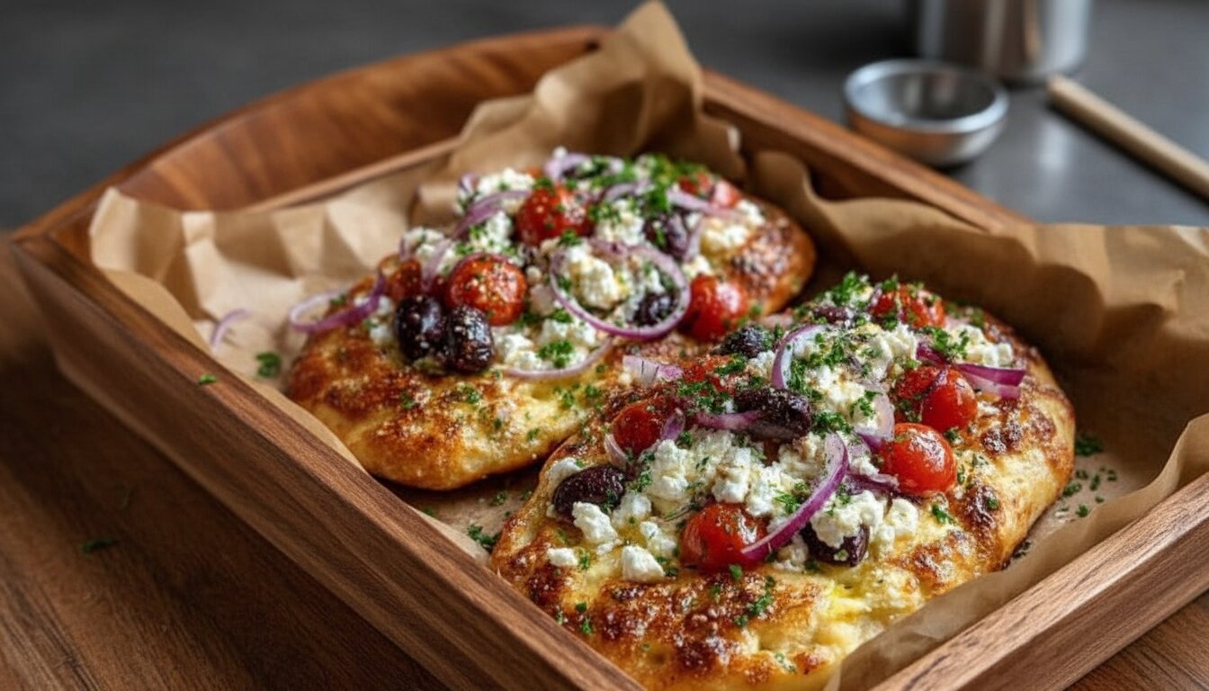 Top-down view of a Mediterranean Olive and Feta Flatbread garnished with parsley on a wooden board.
