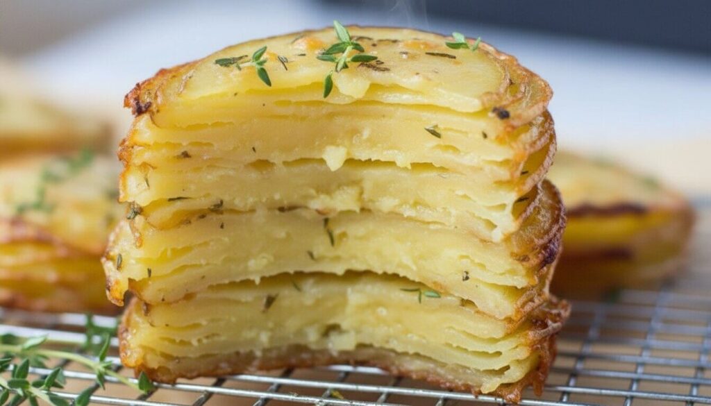 Close up of the inside of a cheesy potato stack showing tender layers.
