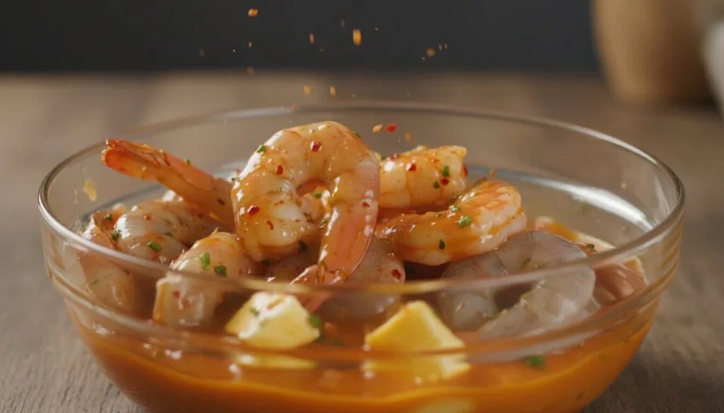 Raw shrimp being coated in garlic butter and paprika seasoning.