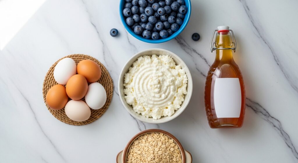 Ingredients for Baked Blueberry Cottage Cheese Breakfast Bowls including oats and berries.