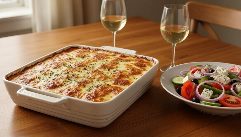 A full dish of baked Mediterranean vegetable lasagna served on a table with side dishes.