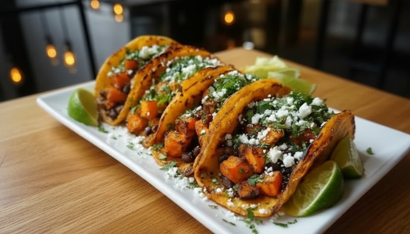 Raw ingredients for sweet potato and black bean tacos, including cubed sweet potatoes, black beans, feta, spices, and olive oil.
