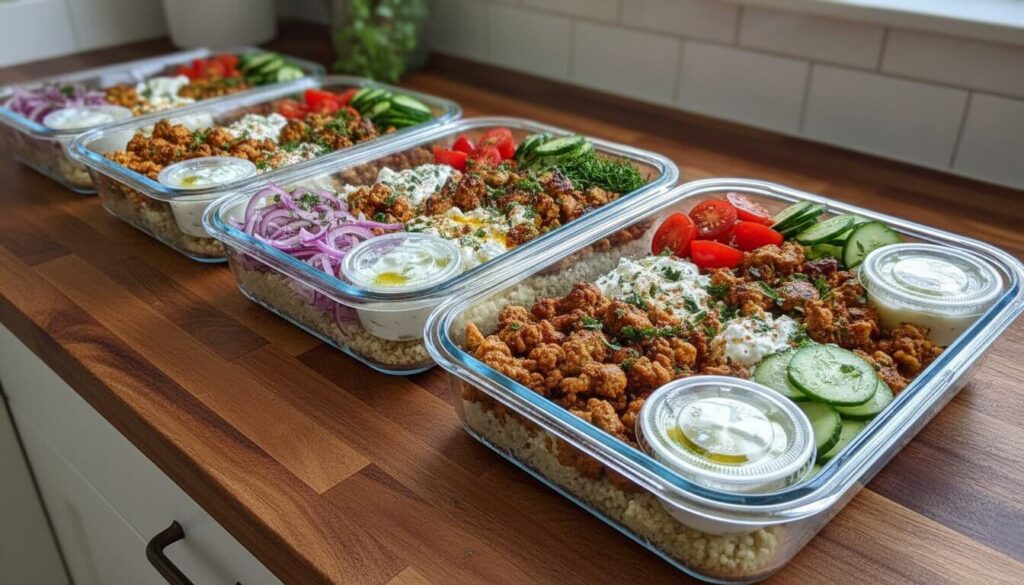 Glass meal prep containers filled with Mediterranean chicken bowls for the week.