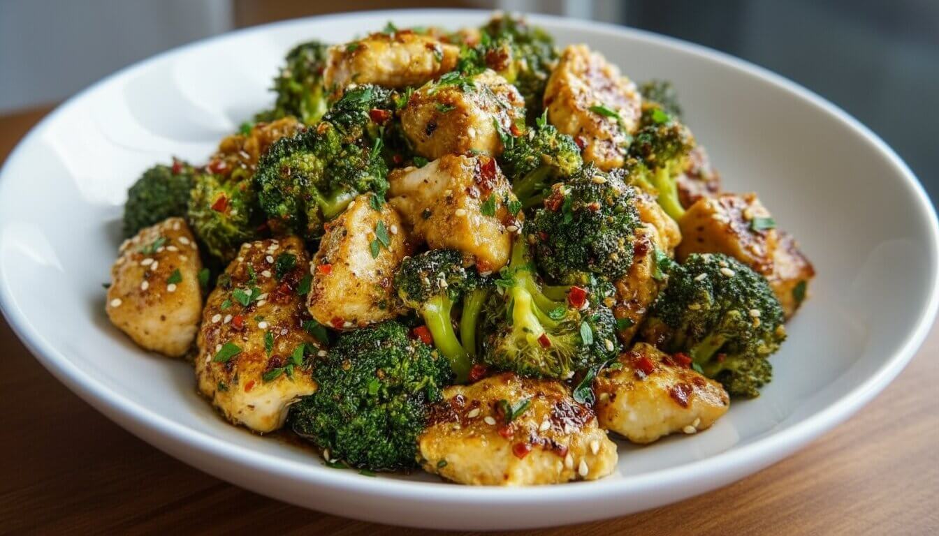 Close-up of Mediterranean Honey Garlic Chicken and Broccoli stir fry in a white bowl showing golden chicken and green broccoli.