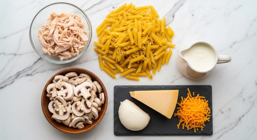 Ingredients for creamy chicken tetrazzini recipe.
