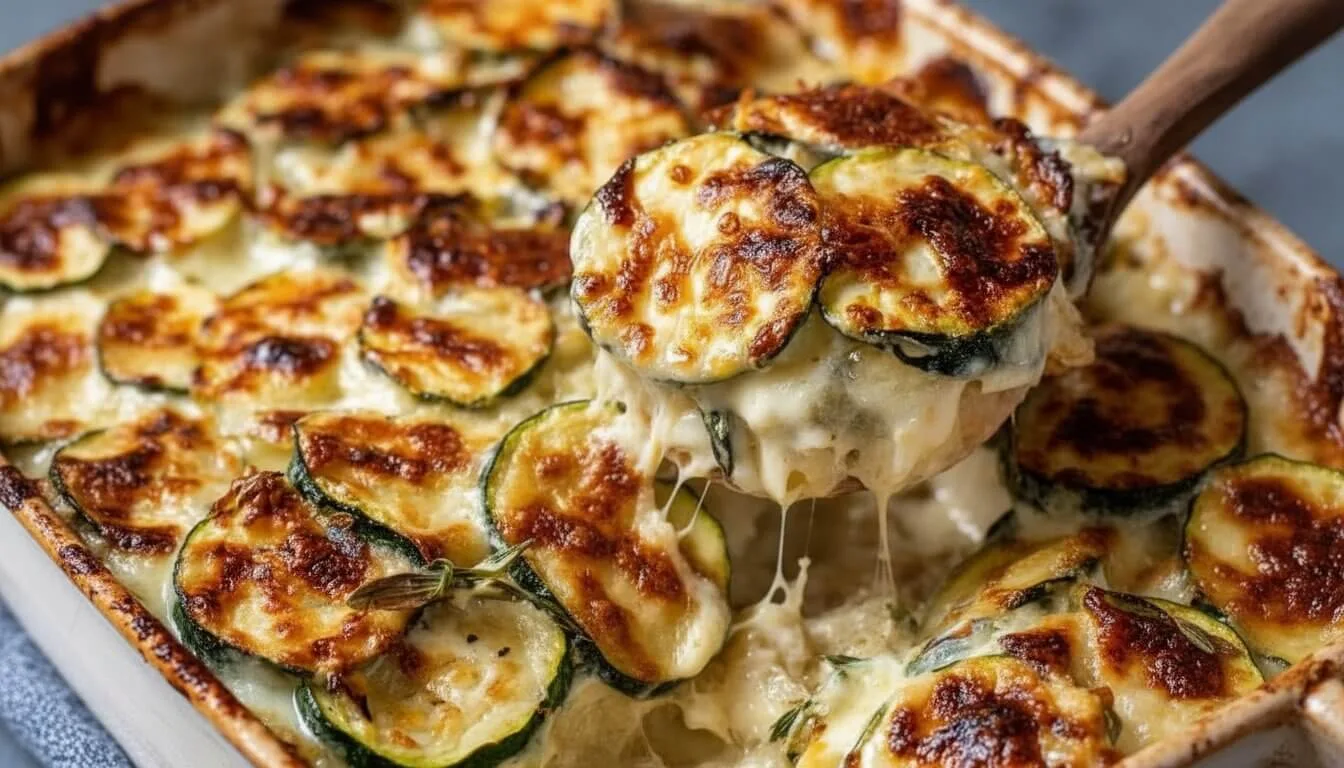 Cheesy zucchini gratin baked in casserole dish with a golden bubbly crust.