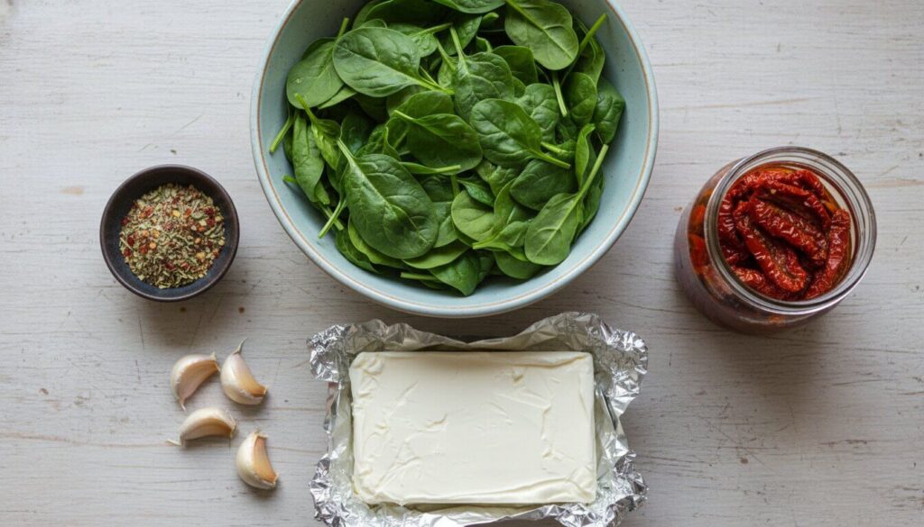 Ingredients for Mediterranean Stuffed Tuscan Chicken recipe including spinach and sun-dried tomatoes.