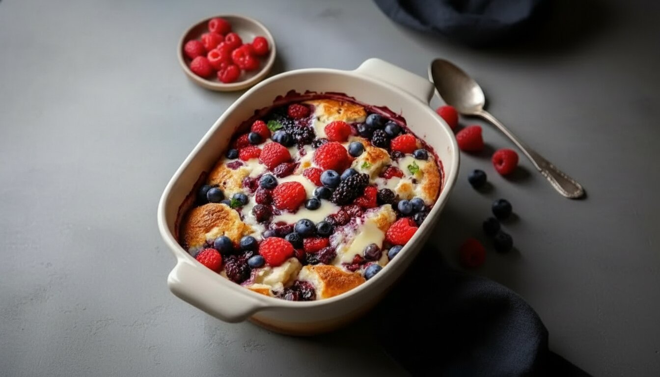 Mediterranean Berry Bread Pudding recipe in a white baking dish.