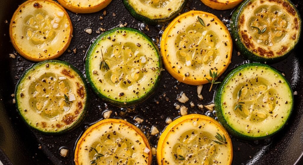 Sautéed zucchini and squash with golden sear.