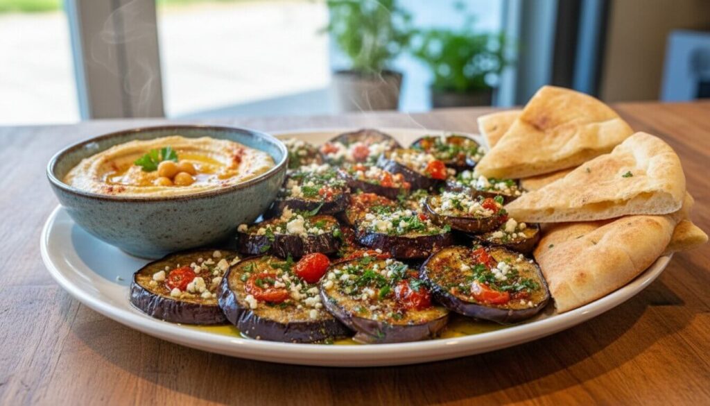 Roasted eggplant served on a Mediterranean mezze platter with pita and hummus.