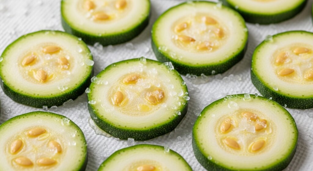 Sliced zucchini on paper towels with salt to remove moisture.