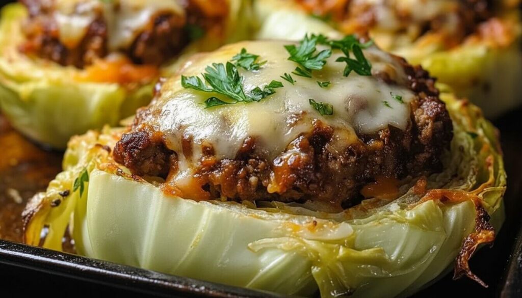 Close-up of crispy roasted cabbage base and juicy meat patty.
