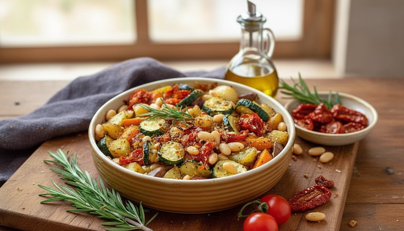 Raw ingredients for rustic roasted vegetable bake with cannellini beans
