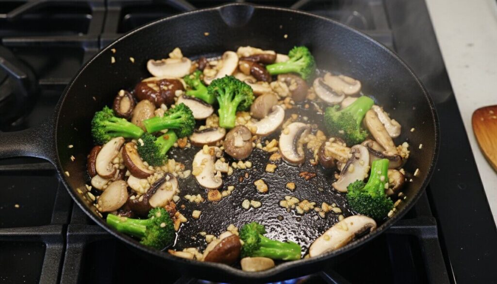 Sautéing mushrooms and broccoli in a skillet for Mediterranean pasta.