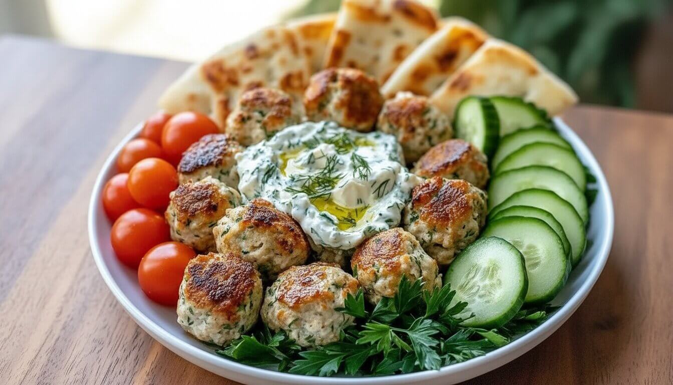 Greek Chicken Meatballs with Pita and Tzatziki platter with fresh vegetables.